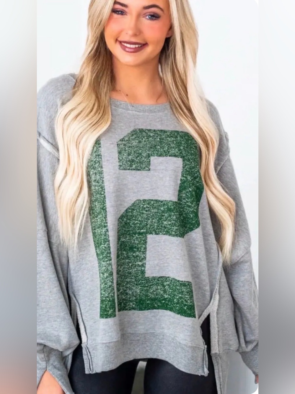 Gray Sweatshirt with Green '12' Graphic - Women's Sweater